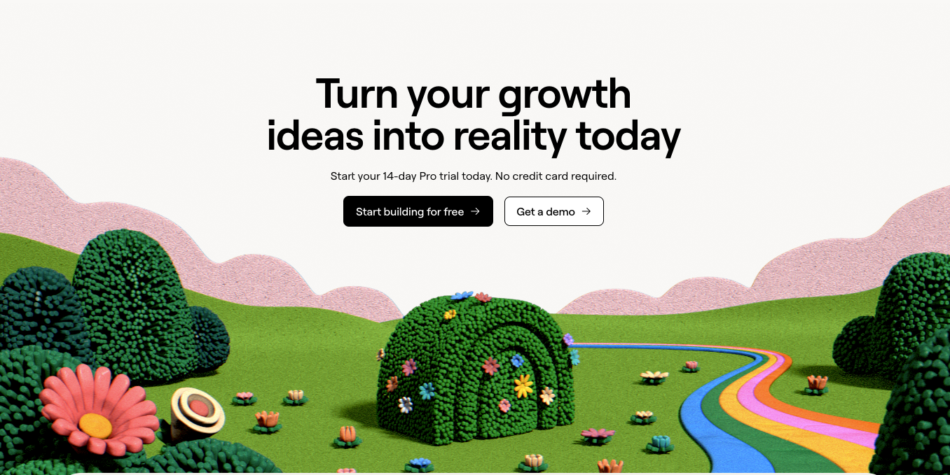 Taken from Clay's website: Illustration of colorful clay-like hills, trees, and flowers with a rainbow path leading forward. Large text says 'Turn your growth ideas into reality today.'