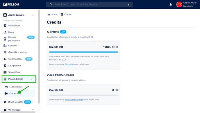 Access Credits from the Admin Console
