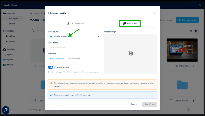 Add new video - Select Foleon Hosted in Video Source