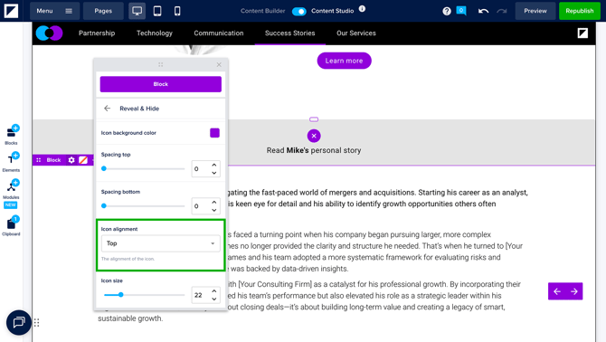 Adjust Reveal and Hide - Icon Alignment