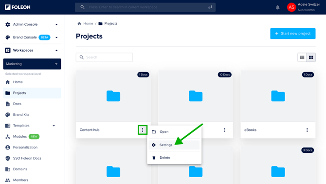 Click quick actions and settings to access project settings