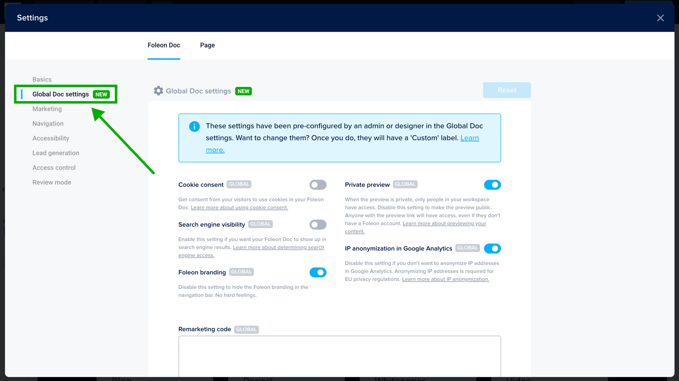 Workspace governance with Global Doc settings