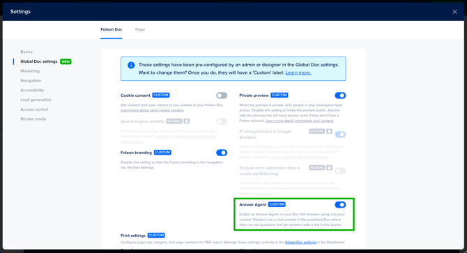 Enable Answer Agent Doc Settings