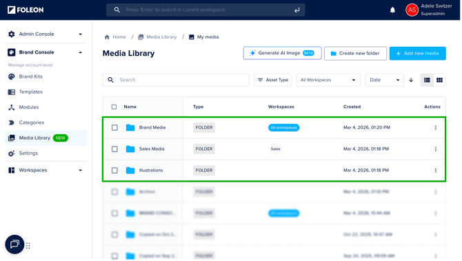 Example of folders shared to different workspaces