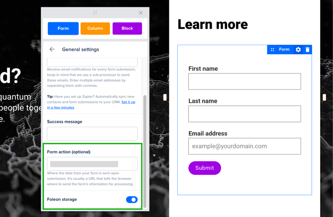 Form action and form storage settings
