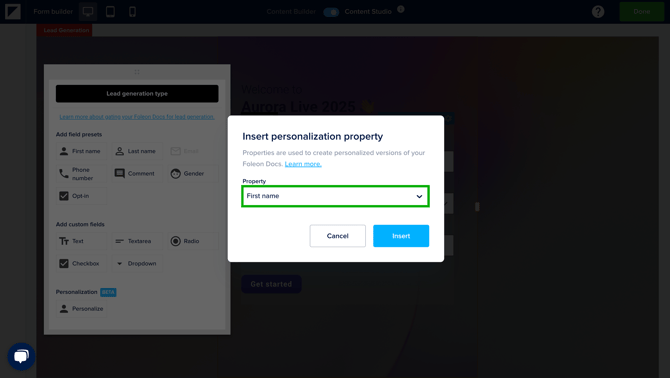 Insert personalization property in lead gen form