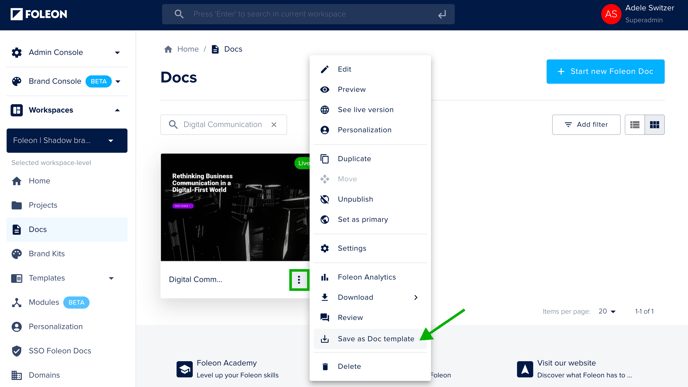 Menu - Save Doc as Template - Dashboard