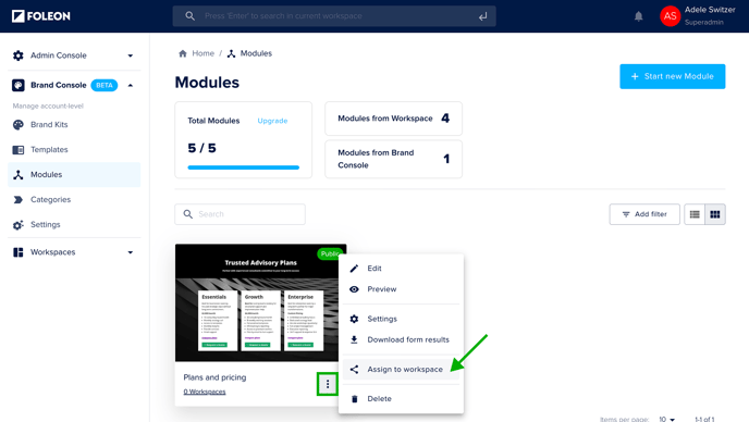 Quick Actions - Assign Module to Workspace
