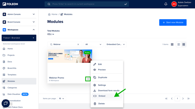 Quick actions menu - embed module