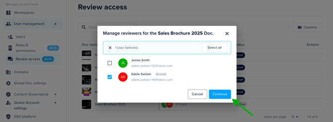 Remove reviewer from review access - select user