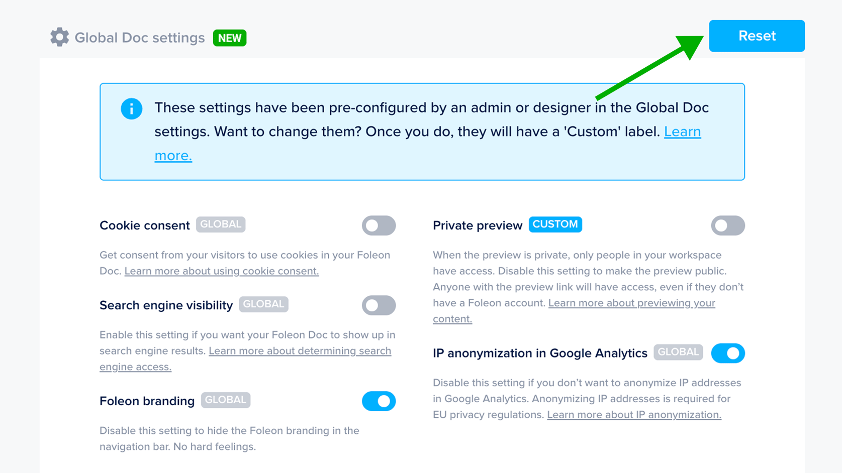 Workspace governance with Global Doc settings