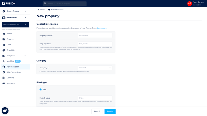 Create a new personalization property with a text field type