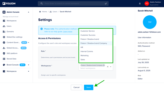 Select Workspace from Dropdown and Click Save
