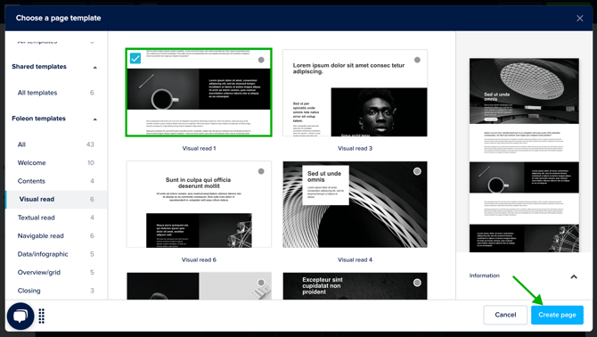 Select template and create page