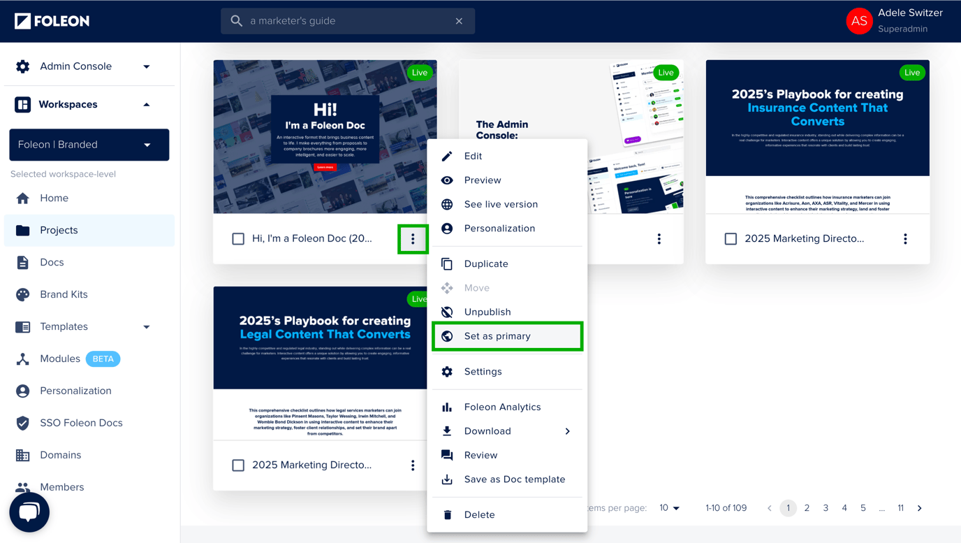 Set a primary Foleon Doc for your project