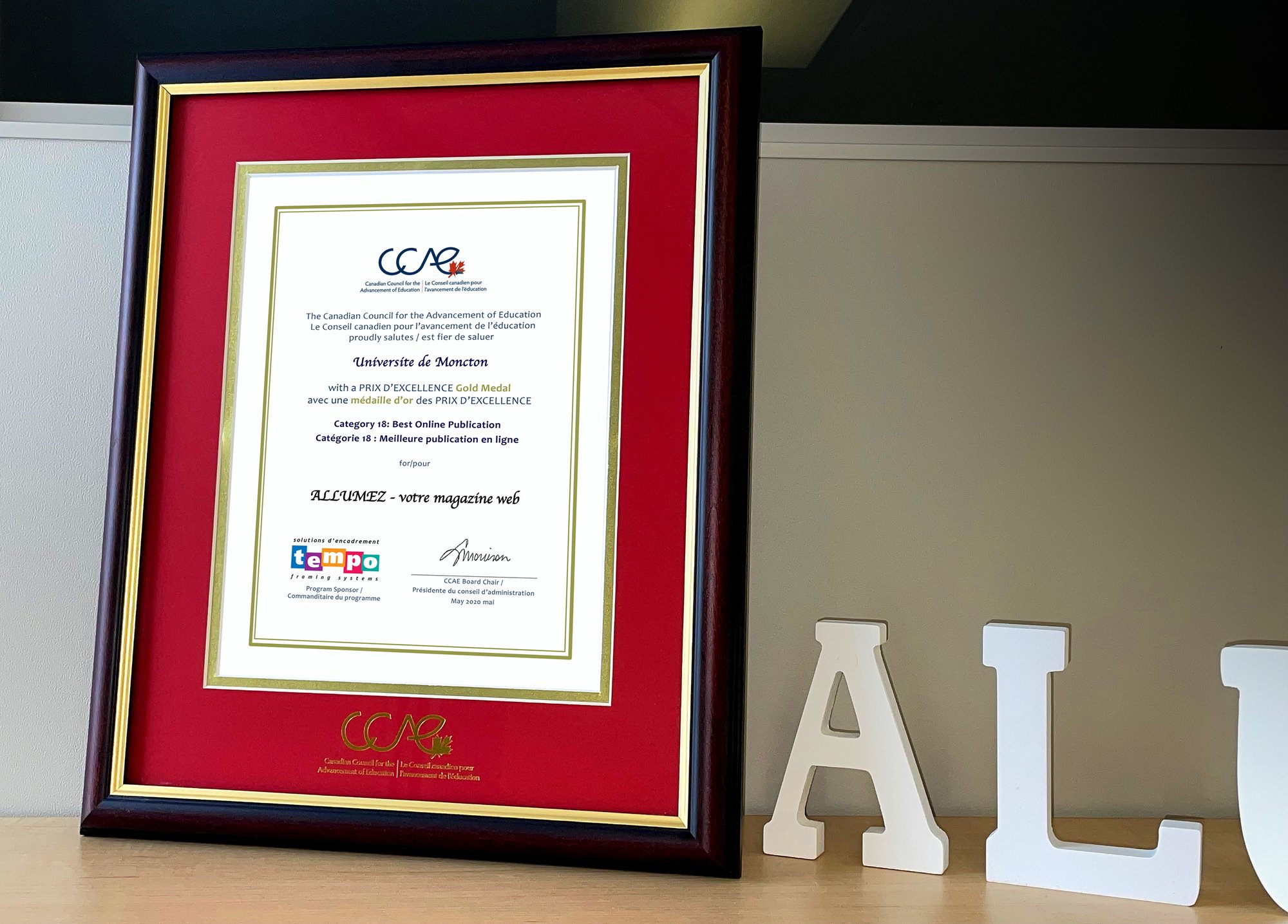 CCAE award and certificate for Allumez