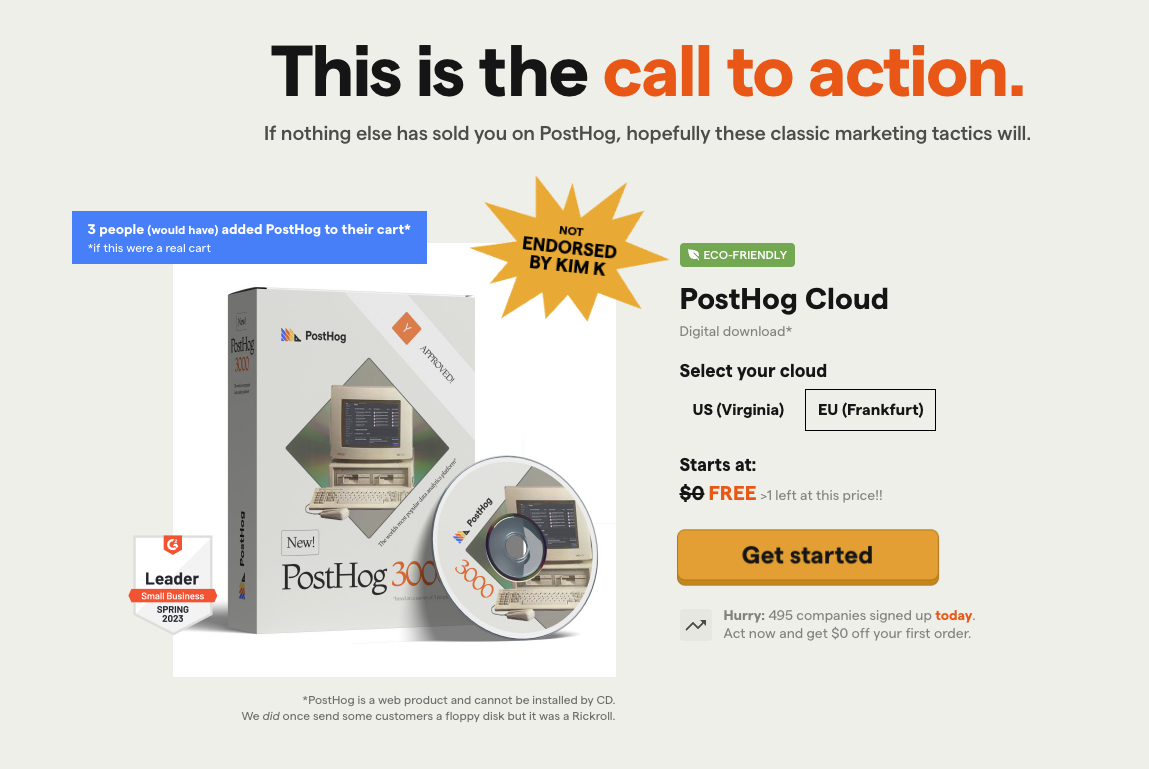 Funny fake ad for PostHog Cloud featuring a retro software box design labeled 'PostHog 3000' with a CD, alongside playful sales tactics like 'NOT endorsed by Kim K,' 'eco-friendly,' and '3 people (would have) added PostHog to their cart.